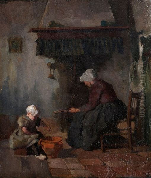 Larens Boereninterieur Met Vrouw En Kind Oil Painting by Lammert Van Der Tonge