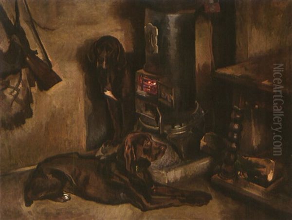 Interieur Mit Jagdhunden Vor Dem Ofen Oil Painting by Charles Richard Tooby