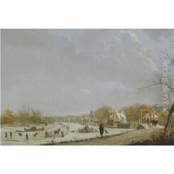 A Winter View Of Leiden With Figures Skating On The Oude Rijn, The Lage Rijndijk With De Ooievaar Mill To The Right, The Spanjaardsbrug In The Foreground, The Zijlpoort And The Marekerk In The Distanc Oil Painting by Gerrit Toorenburg