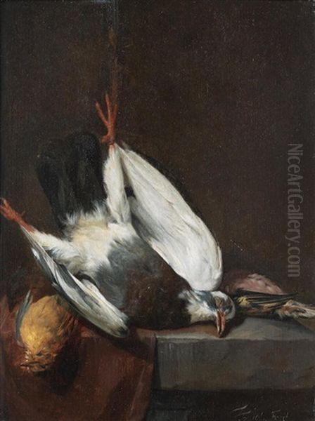 Dead Birds Hanging Above A Draped Stone Ledge Oil Painting by Jacob Van Toorenvliet