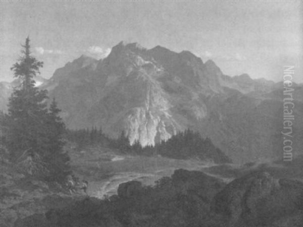 Gewaltiges Gebirgspanorama Mit Almhutte by August Toepfer