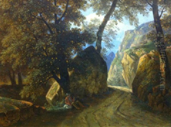 Paysan Adosse A Un Arbre Au Bord D'un Chemin Forestier Oil Painting by Rodolphe Toepffer