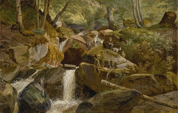 A Rocky, Wooded Landscape With A Waterfall And Figures Oil Painting by Wolfgang Adam Toepffer