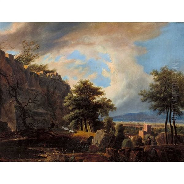 Paysage Avec Etang Devant Une Falaise Et Chateau Dans Le Fond Oil Painting by Wolfgang Adam Toepffer