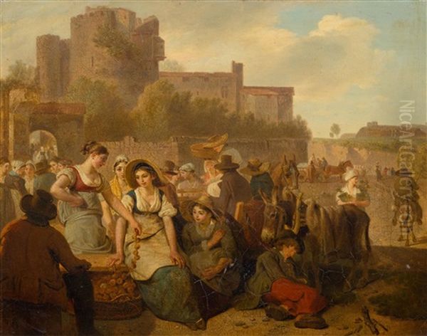 Scene De Marche Devant Un Chateau En Ruine (market Scene In Front Of A Castle In Ruins) / Le Marche Aux Oignons (the Onion Market) Oil Painting by Wolfgang Adam Toepffer