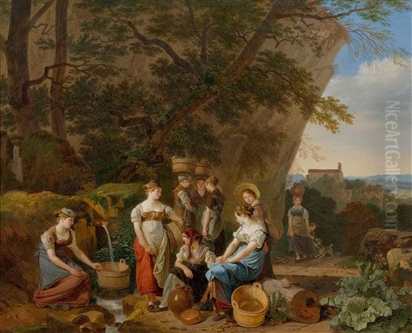 Young Women Near A Fountain Oil Painting by Wolfgang Adam Toepffer