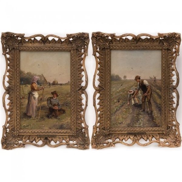 Two Farm Scenes With Figures Oil Painting by Francis William Topham