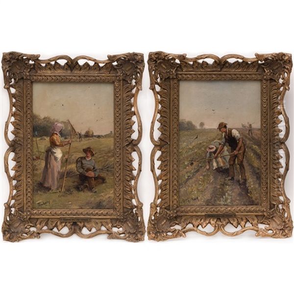 Two Farm Scenes With Figures Oil Painting by Francis William Topham