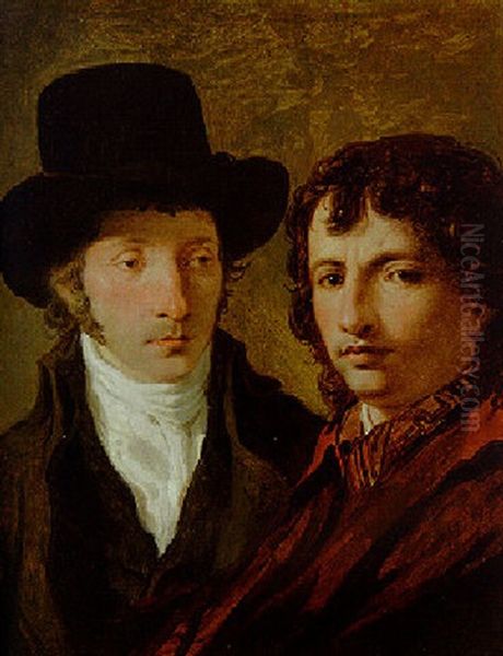 Portrait Of Two Gentlemen, One Wearing A Tophat And White Cravat, The Other A Red Jacket Oil Painting by (Francois) Jean-Baptiste Topino-Lebrun