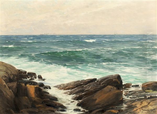 Steamboat In The Horizon Oil Painting by Woldemar Toppelius