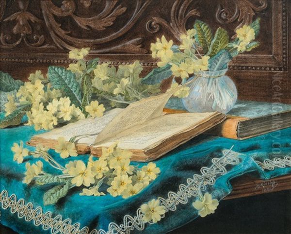 Still Life With A Book And Flowers Oil Painting by Marga Toppelius-Kiseleff