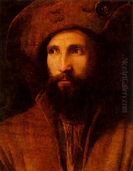 Portrait Of A Young Man, Bust Length, In A Coat And Brown Hat, Decorated With A Badge Oil Painting by Francesco di Marco India Torbido