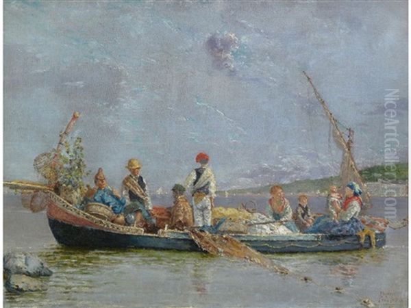 Italian Fishing Boat, Busy With Figures Oil Painting by Francesco Saverio Torcia