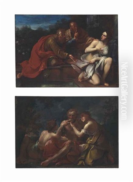 Susanna And The Elders; Lot And His Daughters (pair) Oil Painting by Felice Torelli