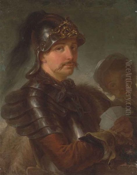 Portrait Of A Man, Half-length, In Armour, Wearing A Helmet And A Fur Cape, Holding A Set Of Playing Cards In His Left Hand Oil Painting by Stefano Torelli