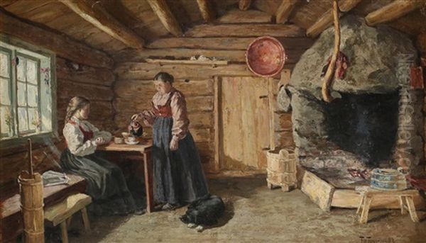 Bondeinterior Oil Painting by Thorvald Torgersen