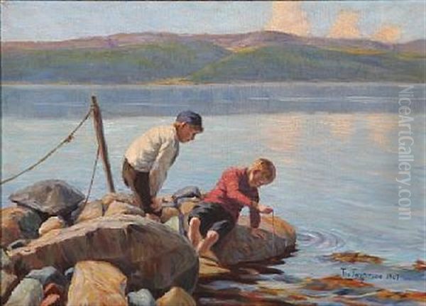 Two Boys Fishing Crabs At A Fiord In Norway Oil Painting by Thorvald Torgersen