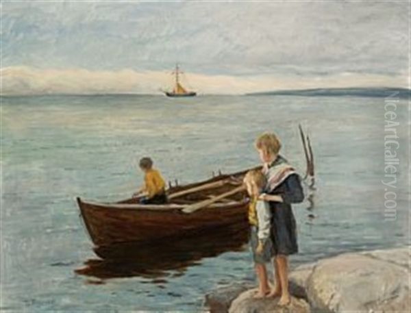 Sosken Ved Vannet Oil Painting by Thorvald Torgersen