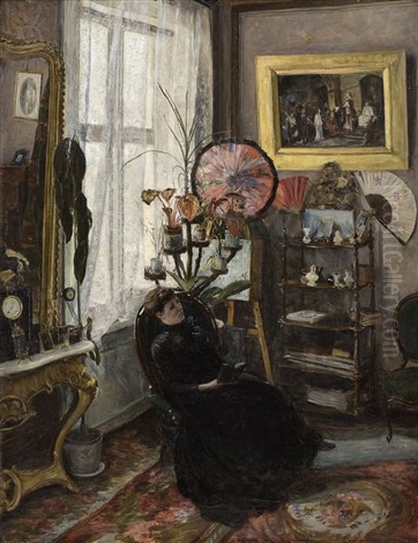 Interior Med Sittende Kvinne Oil Painting by Thorvald Torgersen