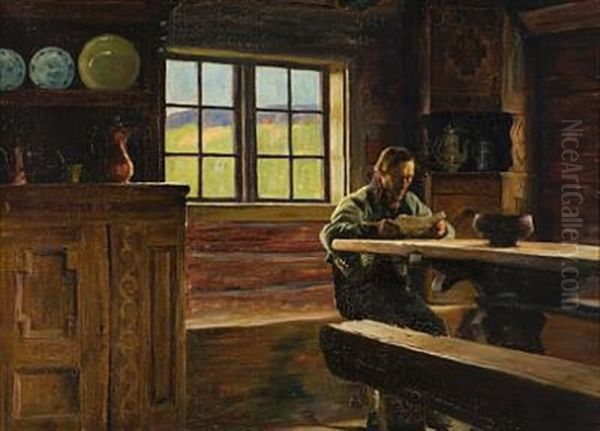 Gammelt Telemarksinterior Oil Painting by Thorvald Torgersen