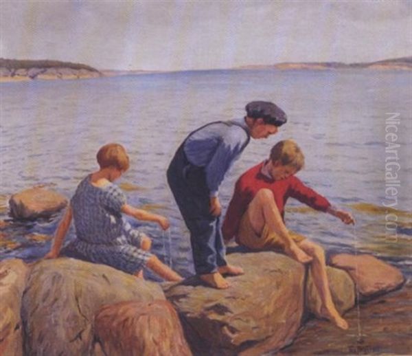 Tre Krabbefiskere Oil Painting by Thorvald Torgersen