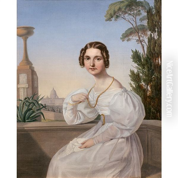 Jeune Fille Sur Une Terrasse A Rome Oil Painting by Benno Friedrich Tormer