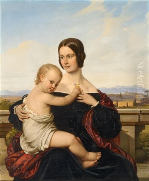 Portrat Einer Jungen Mutter Mit Kind Vor Einer Weiten Italienischen Landschaft Oil Painting by Benno Friedrich Tormer