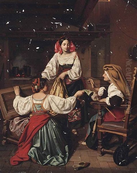 Three Ladies By A Range In An Interior Oil Painting by Benno Friedrich Tormer