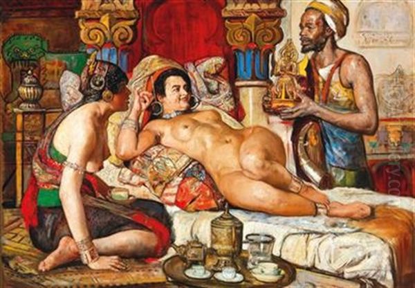 A Harem Scene Oil Painting by Gyula Tornai