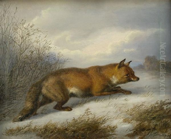 Auf Der Lauer. Ein Fuchs In Verschneiter Landschaft Beute Witternd Oil Painting by Karl Wilhelm Tornau