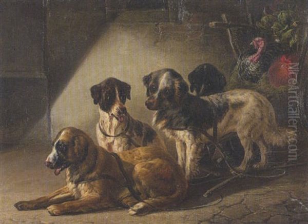 Vier Hunde, Truthahn Und Hahn Oil Painting by Karl Wilhelm Tornau