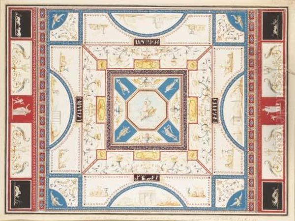 A Design For A Ceiling With Jupiter In The Centre, Surrounded Bygrotesques And Four Views Of Antique Monuments Oil Painting by Vincenzo Brenna