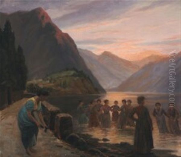 Italian Lakeside With Dancing Women At Eventide Oil Painting by Wenzel Ulrik Tornoe