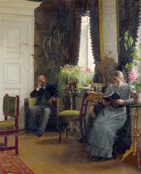 Interieur Mit Lesendem Madchen Und Mann An Einem Sonntagnachmittag Oil Painting by Wenzel Ulrik Tornoe