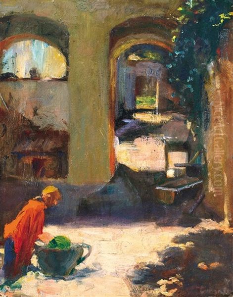 In The Yard Oil Painting by Janos Tornyai