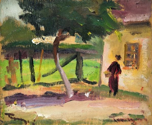 Courtyard, On The Reverse: Draft Of A Cart Oil Painting by Janos Tornyai