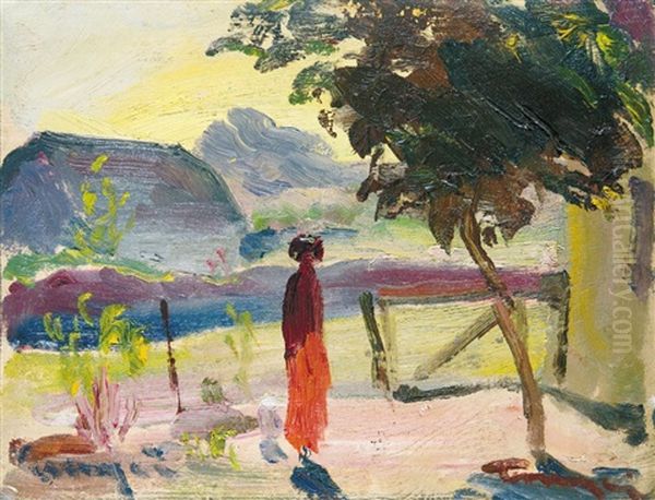 Early Summer (woman In A Red Dress) Oil Painting by Janos Tornyai