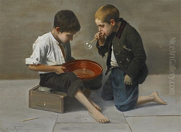 Zwei Jungen Beim Seifenblasen Oil Painting by Giulio Del Torre