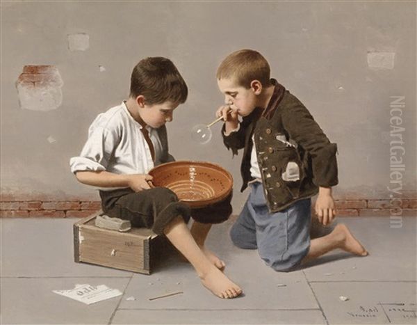 Seifenblasende Kinder Oil Painting by Giulio Del Torre