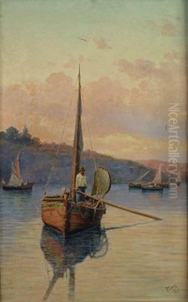 Pescatore In Barca Sul Lago Oil Painting by Rafaello Torre