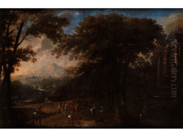 Landschaft Mit Grosem Brunnen, Wagen Und Reisenden Oil Painting by Bartolomeo Torreggiani