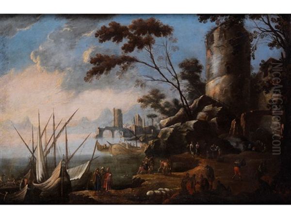 Landschaft Mit Antikem Turm Und Hafen Mit Booten Oil Painting by Bartolomeo Torreggiani