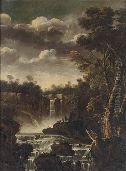 A Wooded Landscape With Figures Near A Waterfall Oil Painting by Bartolomeo Torreggiani