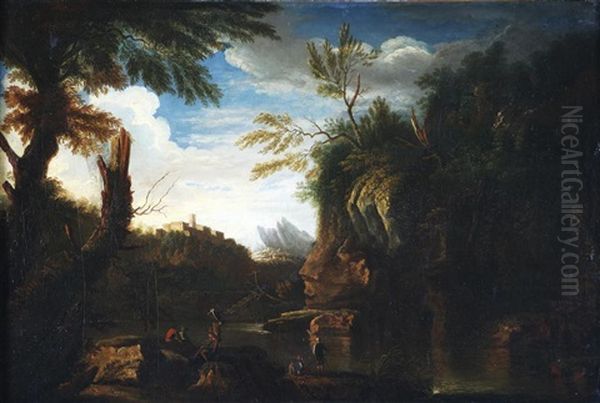 Paesaggio Montuoso Con Rocca, Ansa Di Un Fiume Con Personaggi Oil Painting by Bartolomeo Torreggiani