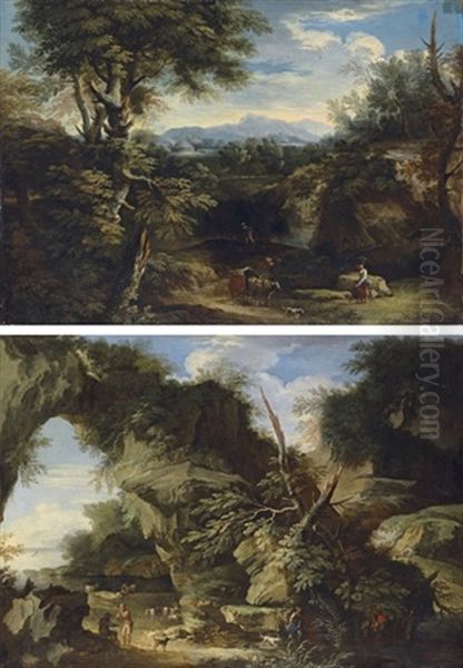 An Italianate Wooded Landscape With Cowherds On A Path (+ An Wooded Landscape With A Rock Gate; Pair) Oil Painting by Bartolomeo Torreggiani