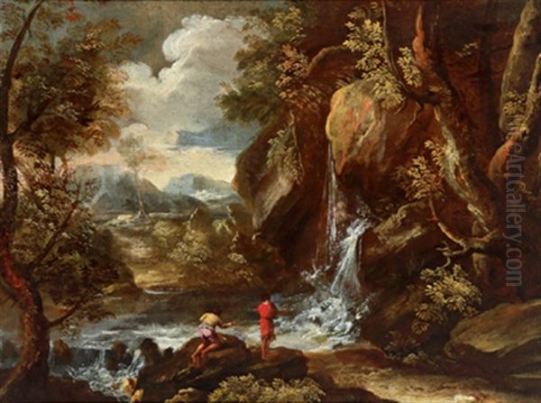 Felsige Landschaft Mit Fischern An Einem Wasserfall Oil Painting by Bartolomeo Torreggiani