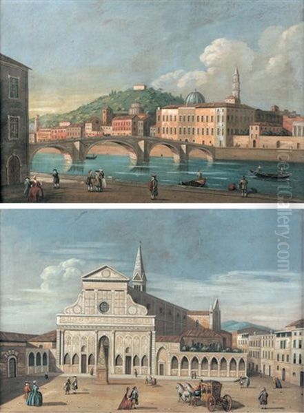 Le Ponte Santa Trinita, Florence (+ Santa Maria Novella, Florence; Pair) Oil Painting by Vincenzo Torreggiani