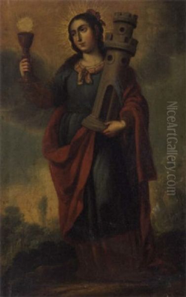 Saint Barbara In A Rocky Landscape Oil Painting by Antonio De Torres