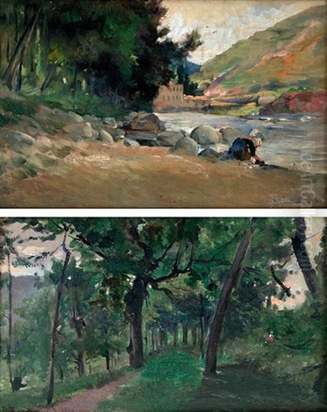 Paisaje Con Camino Y Paisaje Con Rio Y Rocas (pair) Oil Painting by Francisco Torrescassana