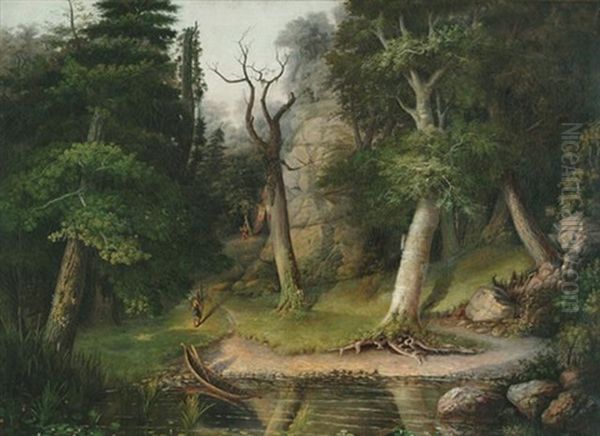 Indians In A Wooded Landscape Oil Painting by Hiram Dwight Torrey